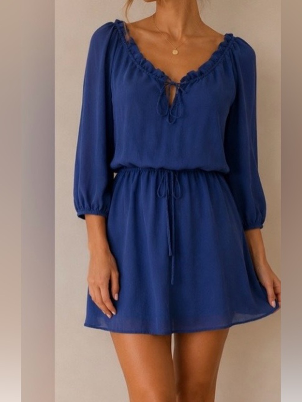 J. Crew 100% Silk Blue Ruffle Neck Peasant Mini Dress XS 3/4 Sleeve